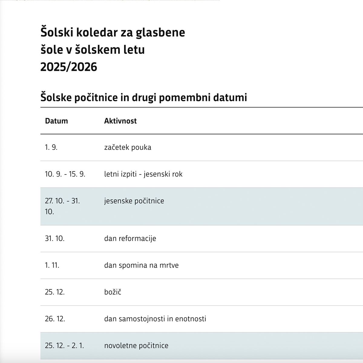 koledar glasbenih šol